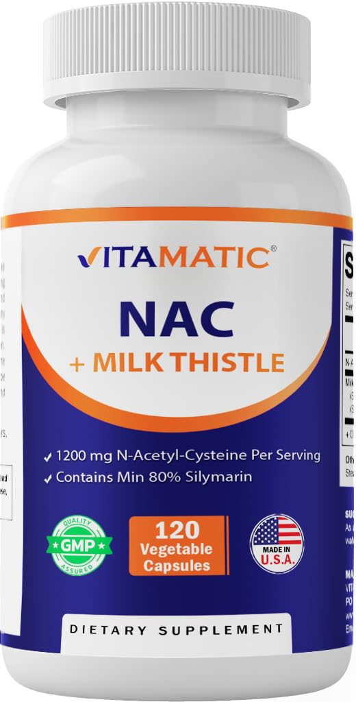 Vitamatic NAC Supplement N-Acetyl-L-Cystein (NAC) mit Milchdistel 50:1 Extrakt - Unterstützt Immun, Atmungsaktivität, Lebergesundheit, 1200 mg pro Servierung, 120 Veg Kapseln