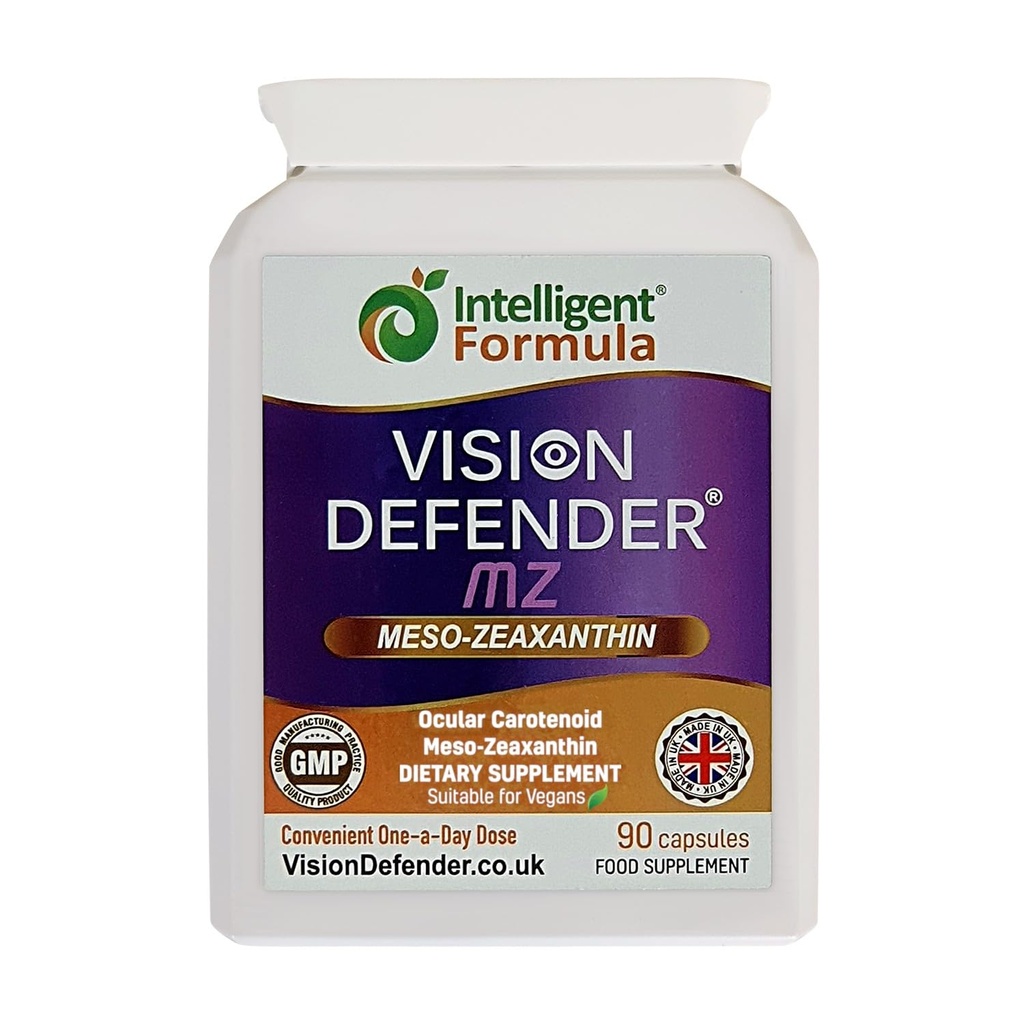 Vision Defender Meso Zeaxanthin Vegan Eye Supplement MZ- Protéger et améliorer la santé oculaire et le soin des yeux, anti-oxydant haute résistance méso-zéaxanthine caroténoïde pour les yeux (90 capsules/un jour) Fabriqué au Royaume-Uni