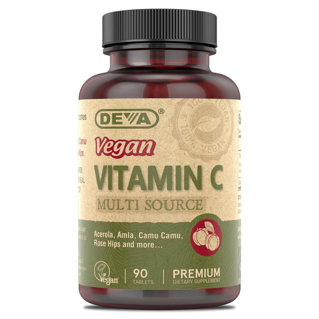 Vitamines véganes DEVA - Vitamine C premium à base d'aliments végétaliens - Multisource - Non-OGM - 90 comprimés