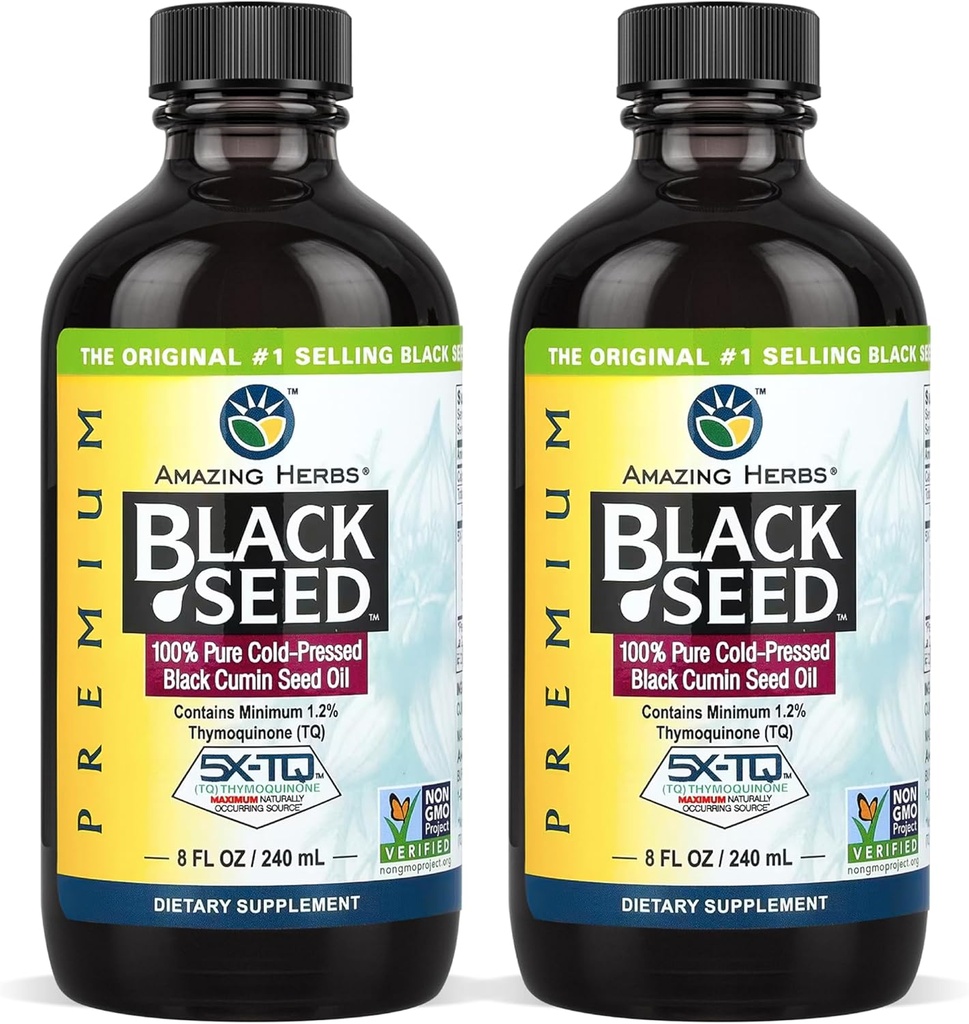 Amazing Herbs Huile de Graine Noire Premium - Sans gluten, non OGM, Nigella pressée à froid Sativa aide à la santé digestive, le soutien immunitaire, la fonction cérébrale - 8 Fl Oz (paquet de 2)