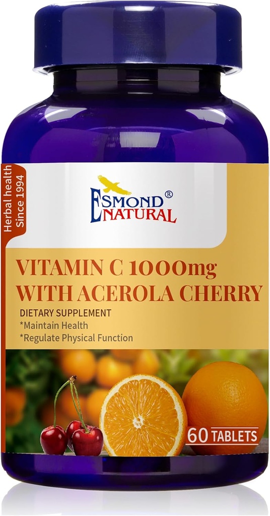 Vitamine C 1000mg avec cerise Acerola (Supporte Système Immune, Niveaux d'énergie, Vitalité de la peau), GMP, Produit naturel certifié Assn, Fabriqué aux États-Unis - 1000mg, 60 comprimés