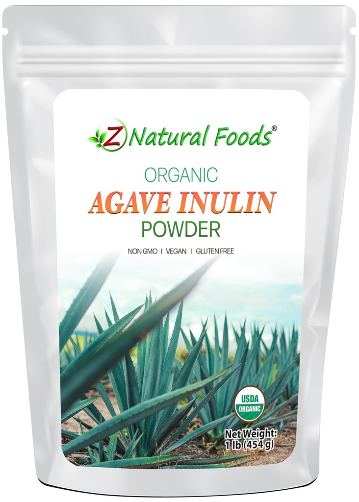Z Aliments naturels Poudre d'inuline agave biologique, supplément de fibre naturelle, poudre prébiotique pour boissons, smoothies et recettes, cru, non-OGM, végétalien, sans gluten, casher, 1 lb