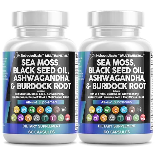 Saubere Nutraceuticals Meer Moos Schwarz Seed Öl Ashwagandha Turmeric Bladderwrack Burdock & Vitamin C Vitamin D3 mit Elderberry Manuka Dandelion Gelb Dock Iodine Chlorophyll ACV - 2Pack