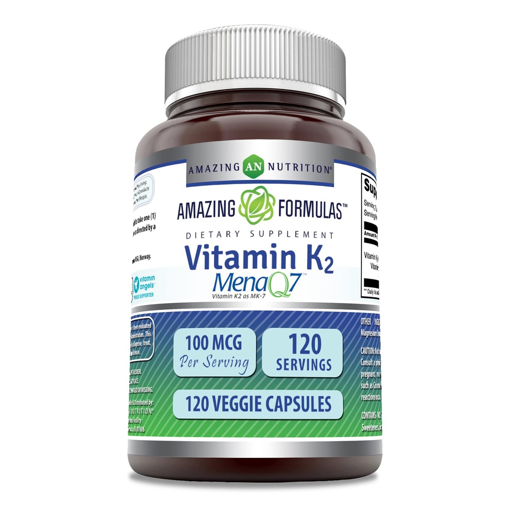 Formules étonnantes Vitamine K2 Menaq7 MK7 Supplément de 100 mg de Veggie Capsules de Veggie (non-GMO) Sans gluten (Fabriqué aux États-Unis) (1 Pack, 120 Compte)