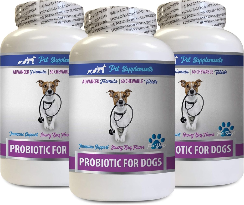 Soulagement de la diarrhée chez le chien - PROBIOTIQUES pour les chiens - Gout sain - Stop Diarrhée gazeuse et mauvaise haleine - Boost digestif - Probiotiques et enzymes digestives chez le chien - 3 bouteilles (180 gâteries)