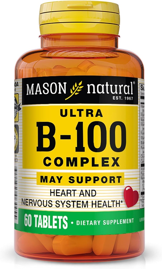 MASON NATURAL Ultra B-100 Complex - Gesundes Herz und Nervensystem, verbessert Immunfunktion und Energie-Mebolismus, 60 Tabletten