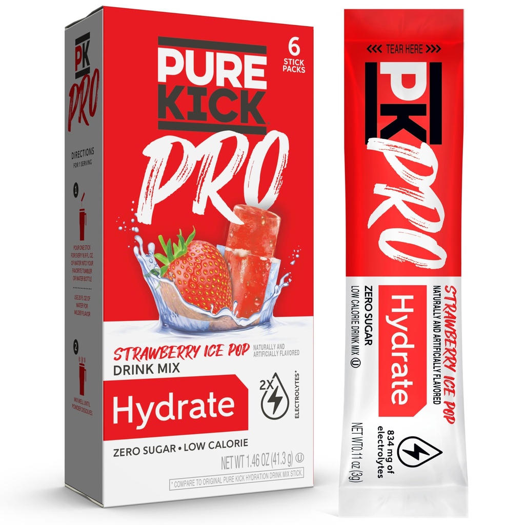 PURE KICK PRO Hydratation Mélange de boissons électrolytes, fraise Pop, comprend 1 boîte avec 6 paquets dans chaque boîte