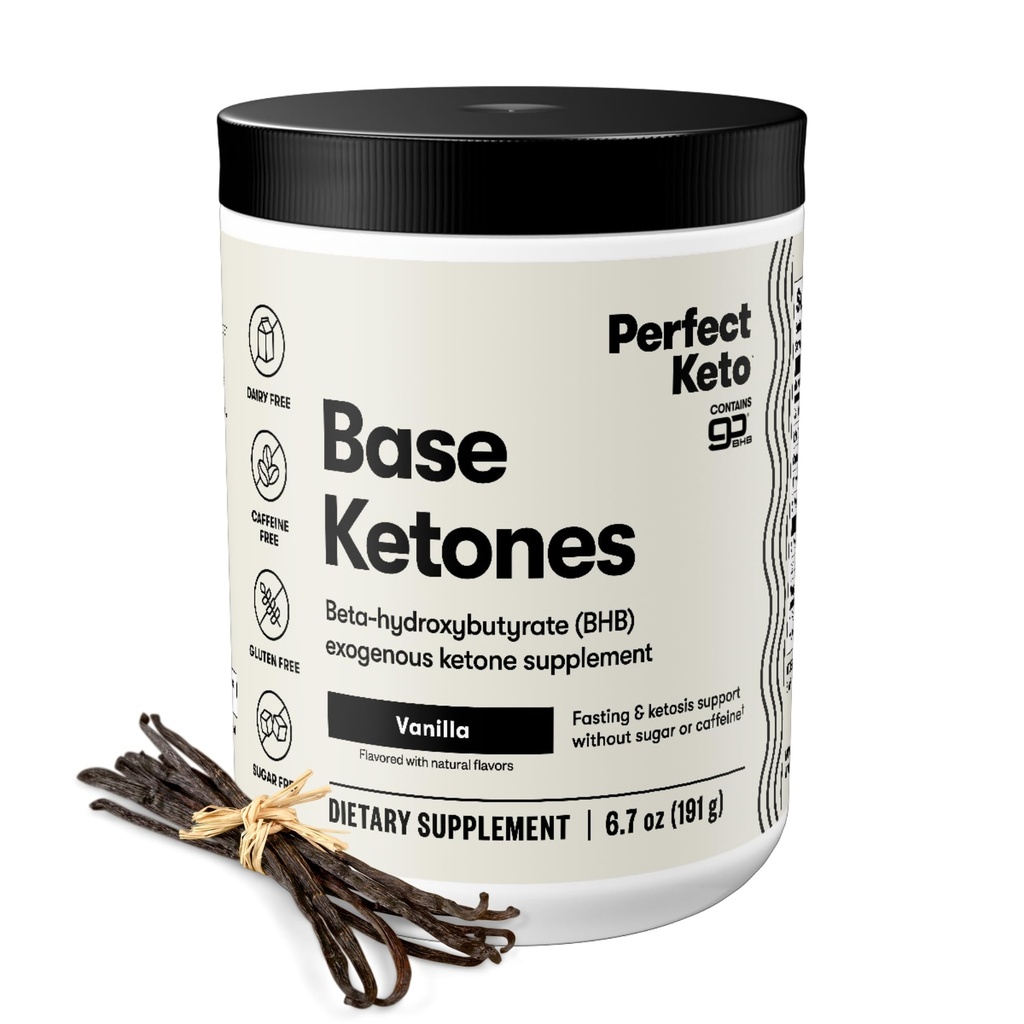 Poudre de cétones exogènes parfaites, supplément de sel BHB pour la cétose et le jeûne, plus électrolytes pour l'hydratation, l'énergie sans caféine, le régime kéto, Focus & Workout Support, Vanille, 6,7 oz