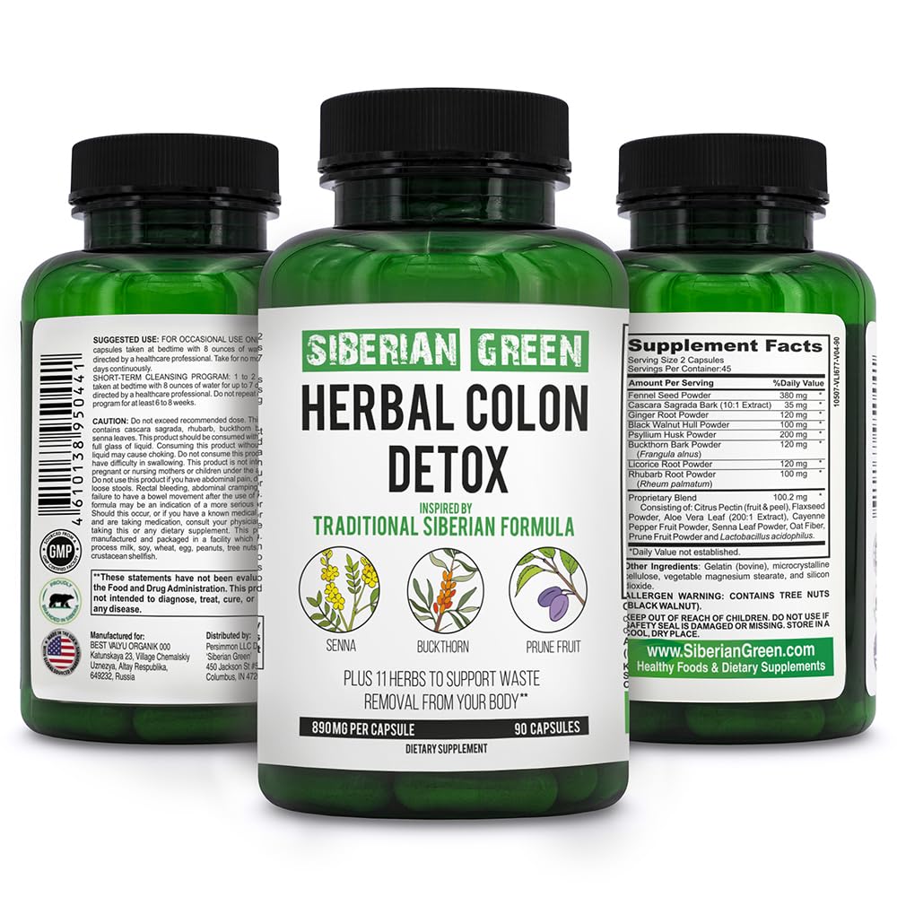 Sibirische grüne Kräuter Colon Detox mit Senna Buckthorn Prune Fruit 90 Kapseln – Traditionelle sibirische Formel 14 Kräuter &amp; Probiotic zu reinigen Colon und Detox Körper