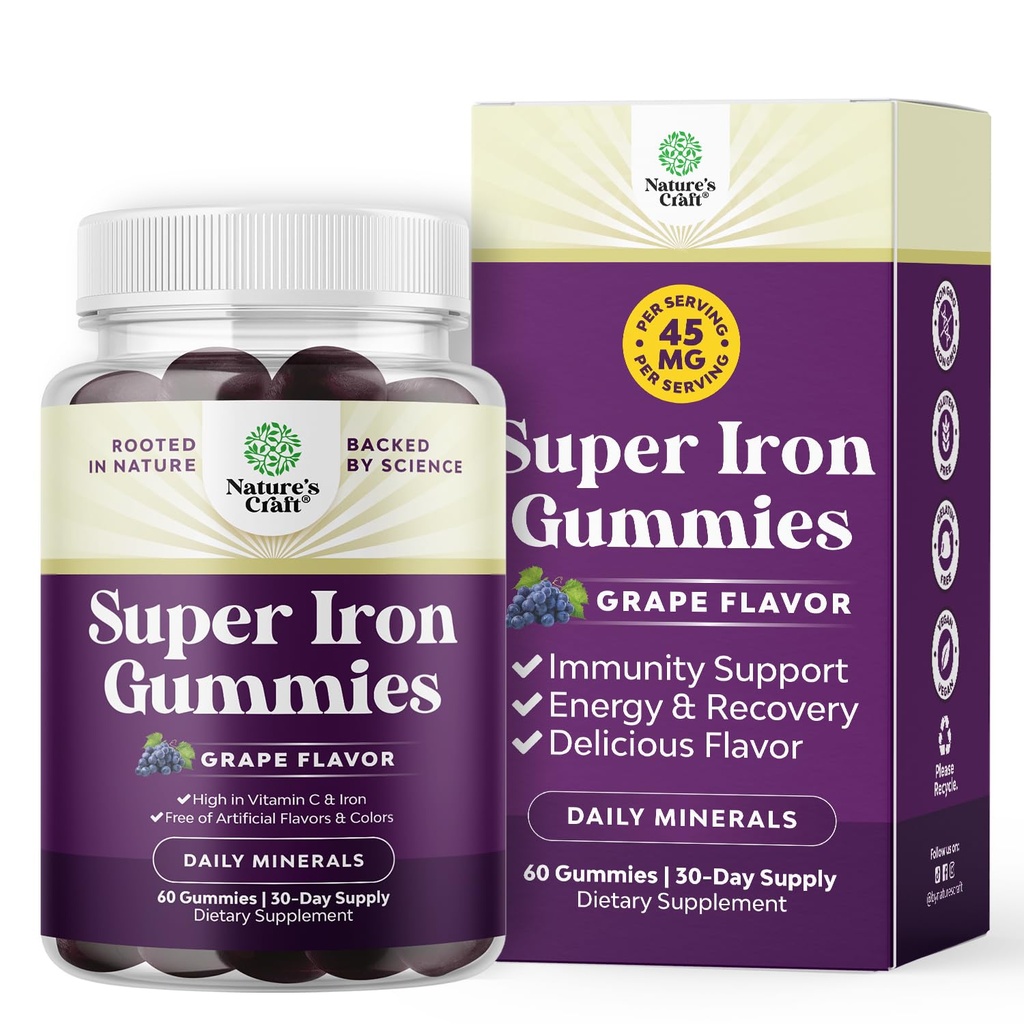 Extra Stärke Eisengummis für Frauen und Männer - Potent 45mg pro Servierbare Beilage für Frauen und Männer mit Vitamin C für höhere Absorption - Vegan Daily Iron Gummy Keine künstlichen Aromen