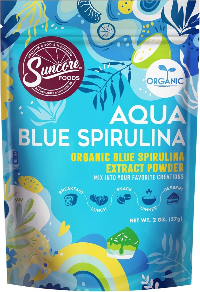 Suncore Foods Organic Aqua Blue Spirulina Powder, 2 Unzen (1 Tasche), Glutenfrei, Non-GMO, Pflanzenbasiert, Perfekt für Lebensmittel Färbung, Bäckerei, Getränke, Glattwaren, und mehr