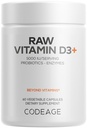 Codeage Rohes Vitamin D3+ Hohe Potenz 5000 IU Ergänzung von Saccharomyces Cerevisiae - Rohes Vitamin, Probiotika, Verdauungsenzyme, Früchte & Grüns - 2-Monat-Versorgung - 60 Kapseln
