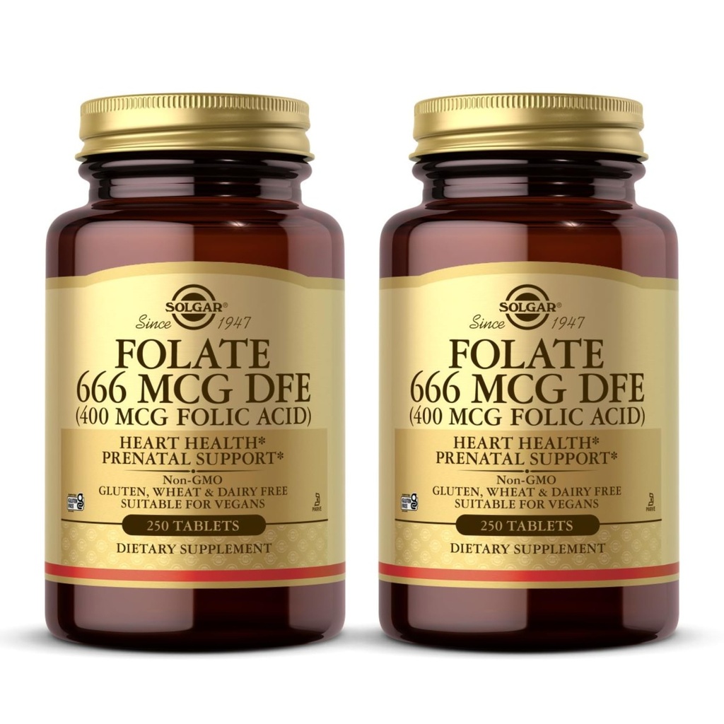 Solgar Folate 666 mcg DFE (Folic Acid 400 mcg) - 250 Tabletten, Paket von 2 - Prenatal Support - Non-GMO, Vegan, Glutenfrei, Dairy Free, Kosher - 500 Total Servierungen