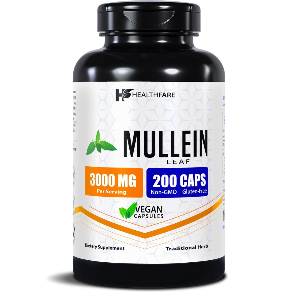 Healthfare Mullein Blatt Extrakt 3000mg | 200 Vegan Kapseln | Extra Stärke Kräuterergänzung | Unterstützt Wellness & Balance | Non-GMO, Gluten-Free | Made in USA