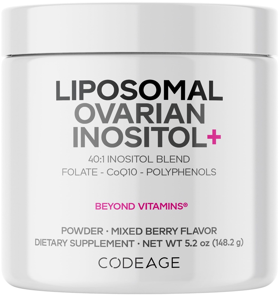 Codeage Poudre d'inositol ovaire liposomique - Myo-Inositol et D-Chiro-Inositol 40:1 Mélange, folate 5-MTHF, CoQ10, grenade et myrtilles sauvages - 2 mois d'approvisionnement - mélange de saveur de baies - non-OGM, 60 portions