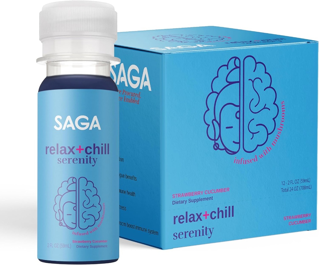SAGA Organic Relaxation Shots | Enthält Adaptogene & Pilze - Lion's Mane & Kava | Hohe Bioverfügbarkeit & Fast Onset | Elevate Mood & Reduce Fatigue | Strawberry Cucumber 2oz Shots (12-Pack)