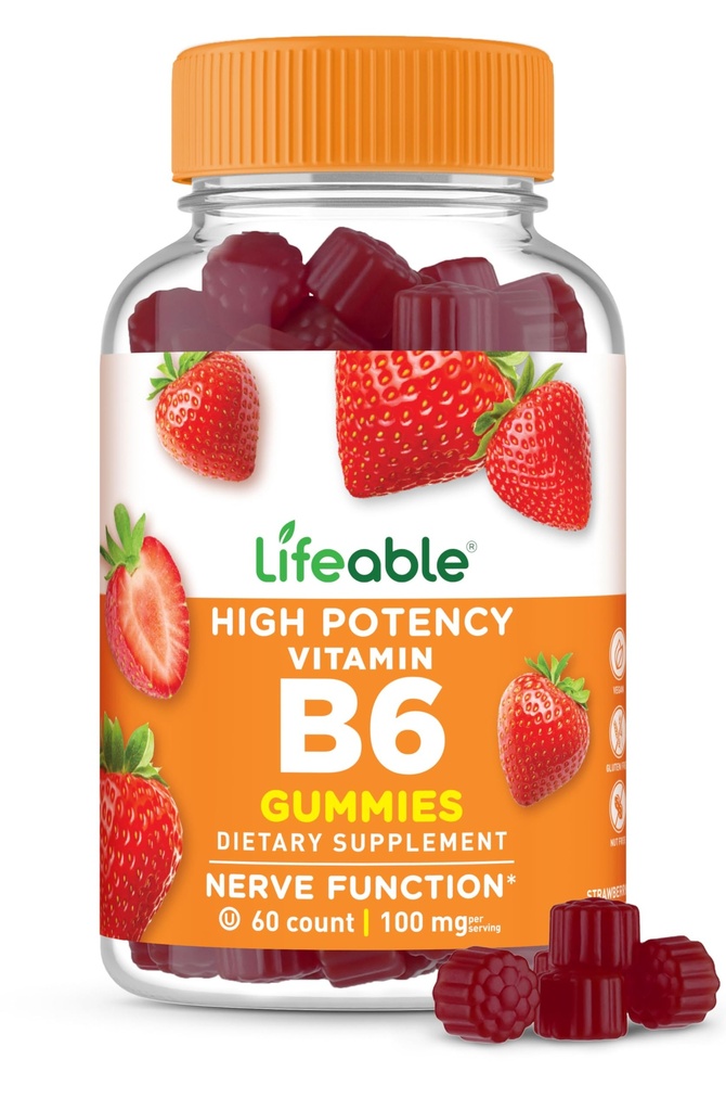 Lebensfähige Vitamin B6 Gummie | 100mg | Große Verkostung VIT B6 Ergänzung | Vegan B6 Vitamine für Nerve Unterstützung Ergänzung | Vitamin B 6 für Erwachsene, Männer, Frauen | 60 Gummie