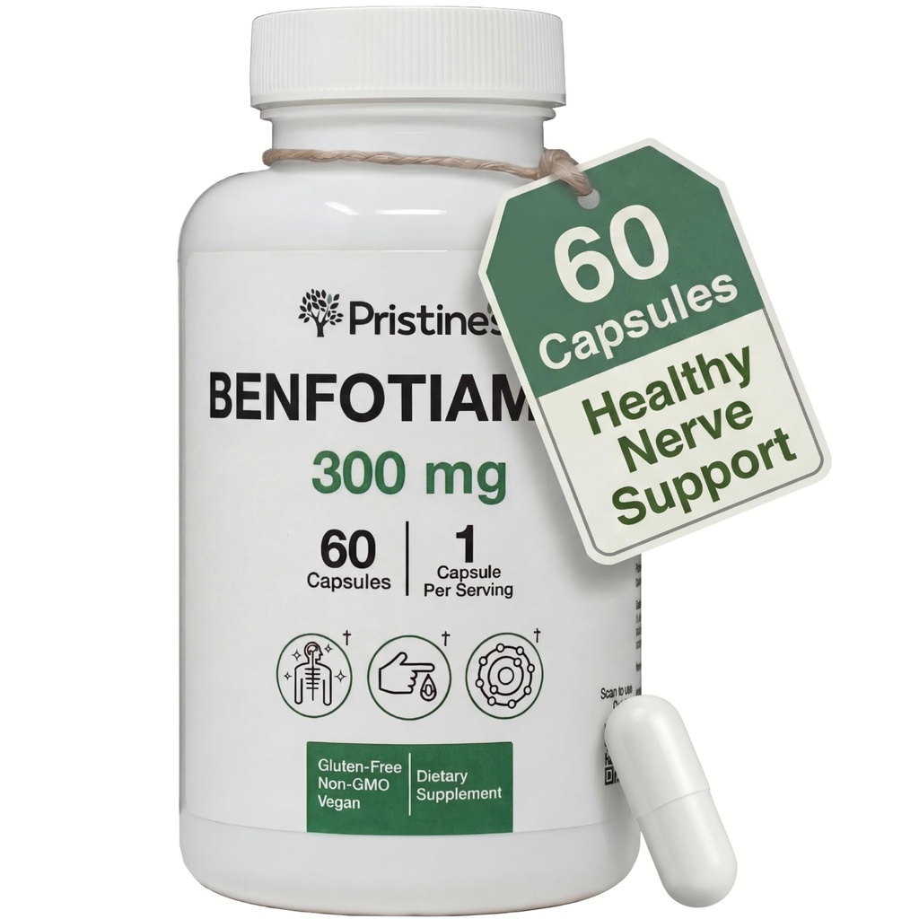 PRISTINE'S Benfotiamine 300mg Supplément de soutien à haute biodisponibilité - 60 jours d'approvisionnement - suppléments de vitamine B1 soluble dans le gras - végétalien - non-OGM