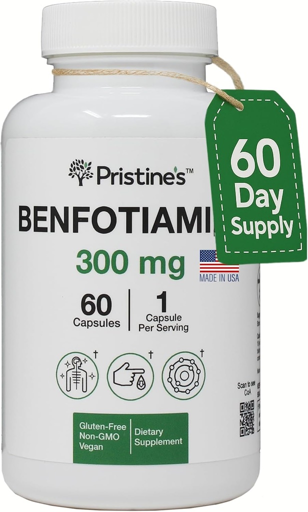 PRISTINE's Benfotiamine 300mg hohe Bioverfügbarkeit Nerve Support Supplement - 60 Tage Versorgung - Fett lösliches Vitamin B1 Nahrungsergänzungsmittel - Vegan - Non-GMO