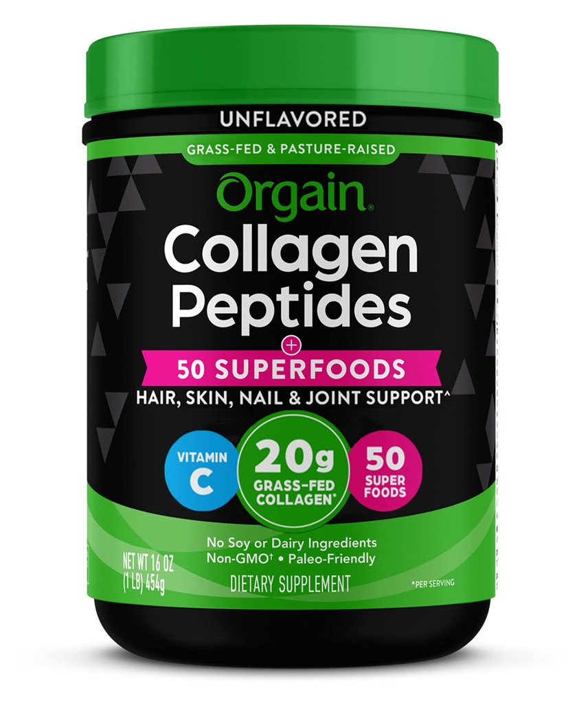 Orgaine Hydrolysed Collagen Powder + 50 Superfoods organiques pour les femmes et les hommes, 20g Herbacés Collagène avec Vitamine C, Non aromatisé - Cheveux, peau, ongles et supplément de soutien joint, Non-OGM, Type I & III, 1lb