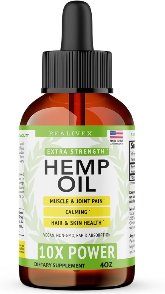 Huile de chanvre super naturel - Huile de chanvre de résistance maximale pour le soulagement et la relaxation - végétalien, sans sucre, sans additif - 4 oz