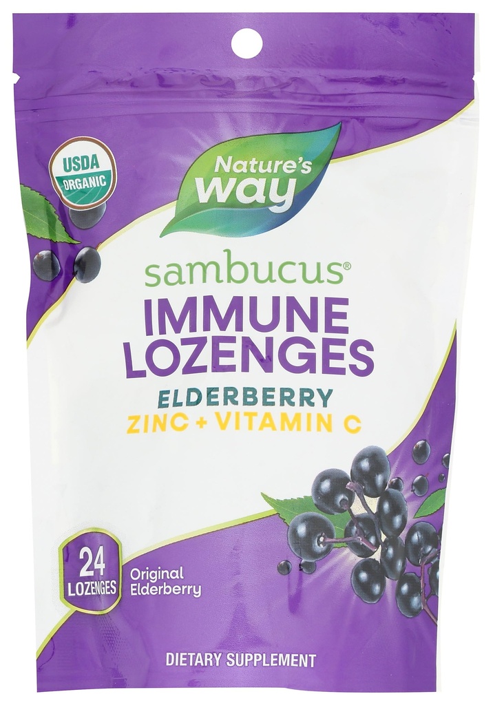 Nature's Way Sambucus Immune Lozenges, Zink + Vitamin C, Black Elderberry Extract, USDA Certified Organic, Original Berry Flavored, 24 Lozenges (Packaging May Vary)