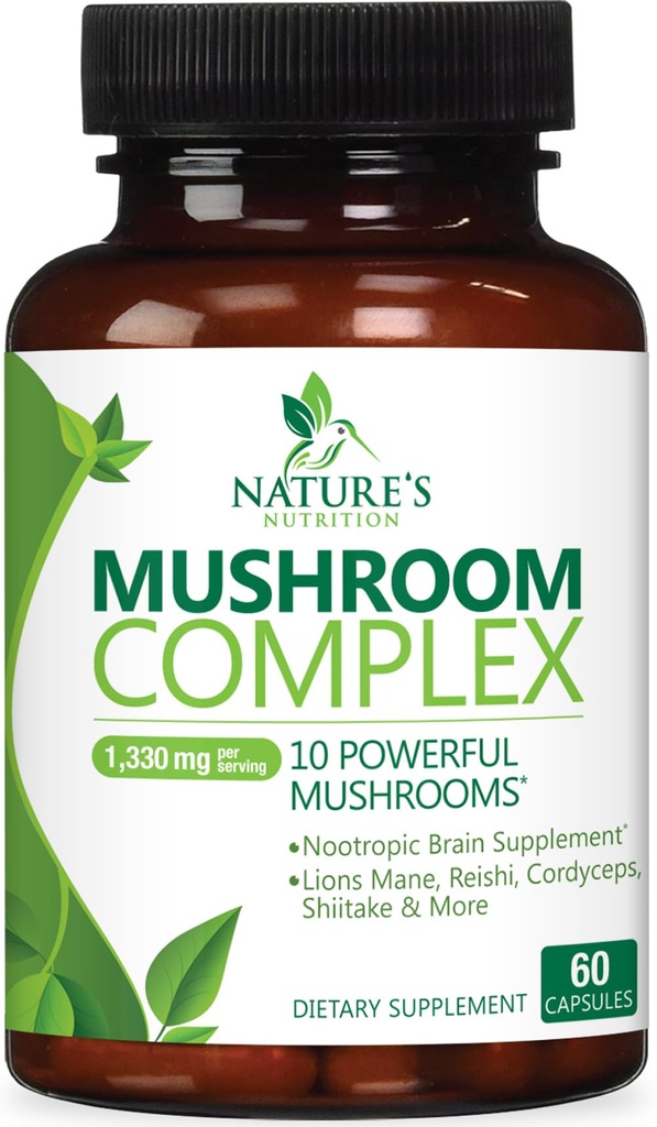 Mushroom Brain Supplement 1330 mg - 10 in 1 Hochfester Pilzkomplex mit Lions Mane, Turkey Tail, Reishi, Cordyceps, Chaga & Brain Nootropic Complex für Memory & Focus Support - 60 Kapseln