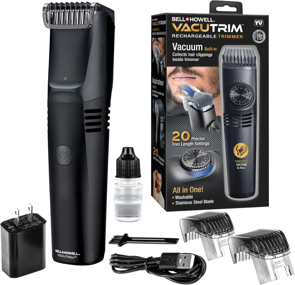 Vacutrim Cordless Mens Bart Trimmer, wiederaufladbare elektrische Rasierer mit 20 Trim-Einstellung Kalibrierung Dial und eingebauten Vakuum für Schnurrbart, Sideburns. Gesichtshaar, schwarz, 7,5", wie auf TV gesehen