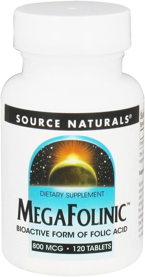 Source Naturelles MegaFolinic 800mcg Bioactive Acide folique, santé cérébrale et cellulaire - 120 comprimés