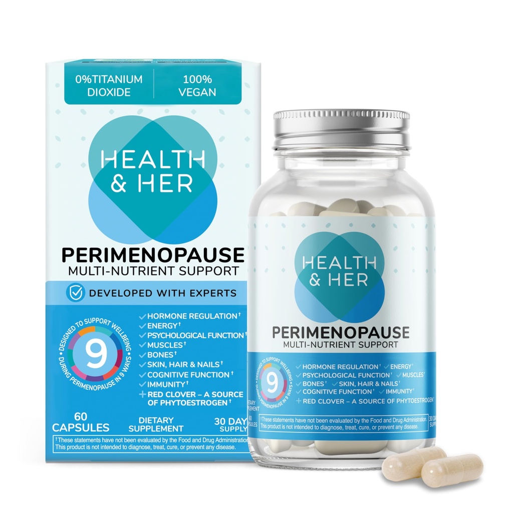 Health & Her Perimenopause Supplement für Frauen – The UK’s No.1 Perimenopause Supplement - Multi-Nutrient Wohlbefinden Unterstützung für Early Stage of Menopause, Vegan, Gluten-Free, Non GMO (60 ct - 1 Monat)