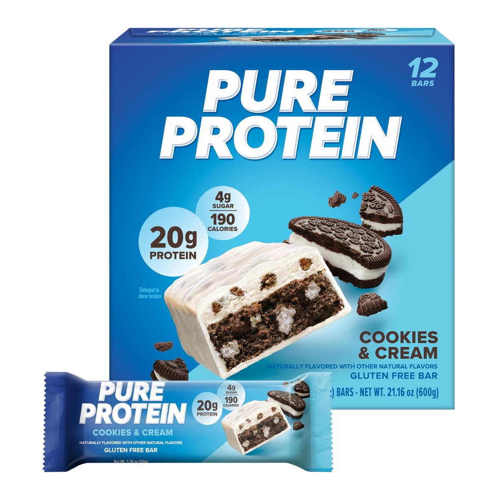 Barres de protéines pures, haute protéine, collations nutritives pour soutenir l'énergie, faible sucre, sans gluten, biscuits et crème, 1,76oz, 12 pack