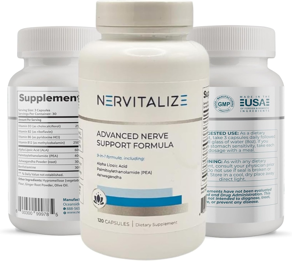 Formule avancée de soutien nerveux avec 600 mg d'acide lipoïque alpha pur et Palmitoyléthanolamide (Pea) Supplément de soutien neuropathie - Fortify Nerves - Meilleur soutien périphérique - 120 capsules
