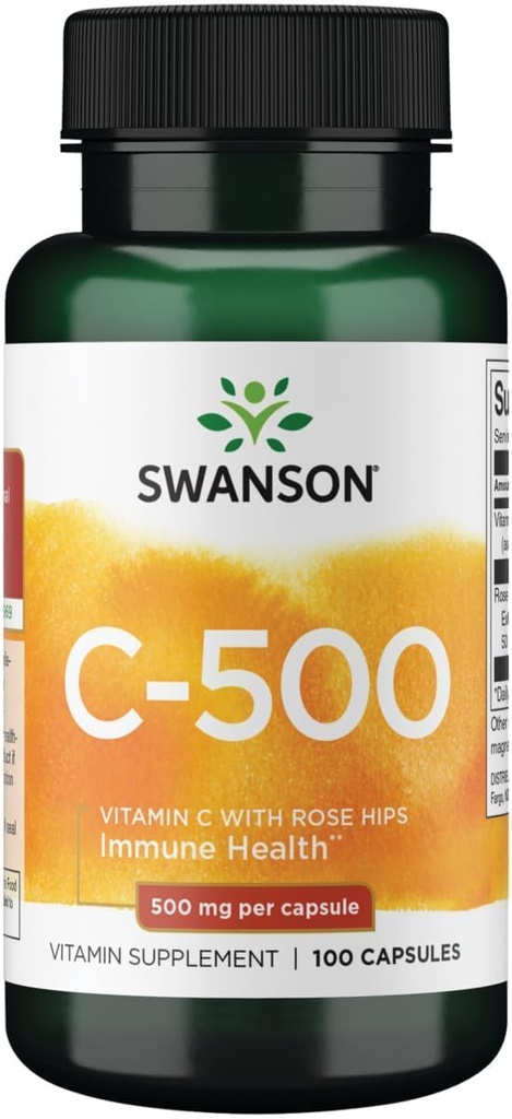Swanson Vitamin C mit Rose HIPS Immunsystem unterstützen Haut Herz-Kreislauf-Gesundheit Antioxidans Ergänzung 500 mg 100 Kapseln