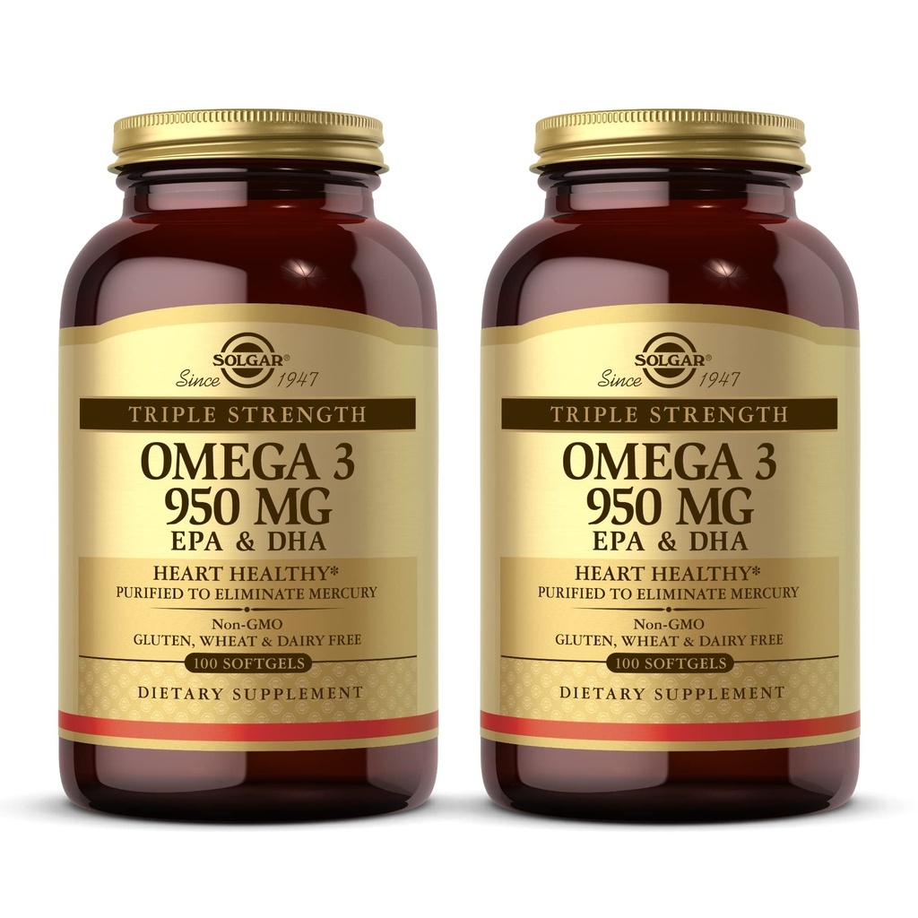 Solgar Triple Strength Omega 3 950 mg - 100 Softgels, Paket von 2 - Unterstützt Gelenk- und Hautgesundheit - Non-GMO, Glutenfrei, Dairy Free - 200 Gesamt Servierungen