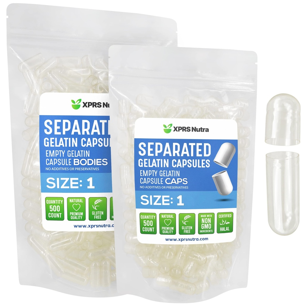 XPRS Nutra Taille 1 Capsules séparées par la gélatine - 500 Compte Pilules vides Séparées dans des sacs - Pilules vides claires pour le remplissage de supplément de bricolage