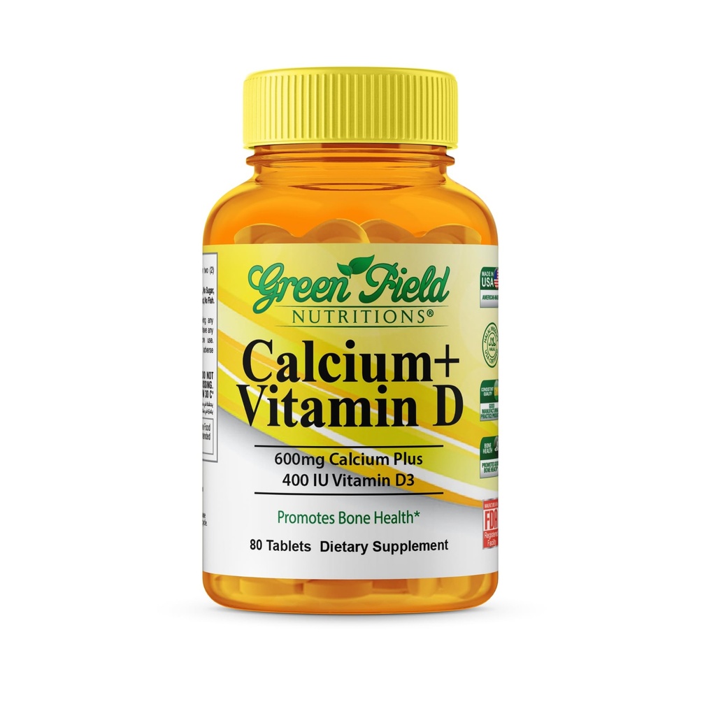 Greenfield Nutritions Comprimés de calcium halal avec vitamine D3 - Calcium halal 600mg avec vitamine D3 400IU - 90 Comprimés de calcium halal pour les femmes et les hommes, soutient les dents osseuses et la santé immunitaire