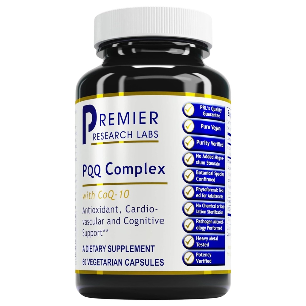Premier Research Labs Premier Complexe PQQ avec CoQ10 - Coenzyme Q10, Co Q 10 Supplément avec Pyrroloquinoline Quinone (PQQ) pour Antioxydant, Soutien du cerveau et du cœur - 60 Capsules végétariennes