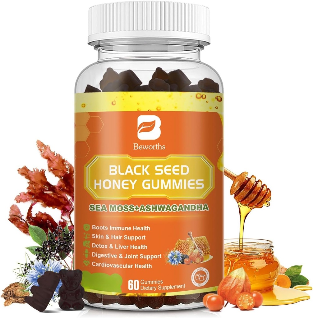 Schwarze Seed Öl Meer Moss Gummi mit Ashwagandha, Burdock Root, Linden Honey, Elderberry, Turmeric, Vitamin C, D3 & Zink - Unterstützt Immunität, Gelenke, Verdauung, Haar & Haut, Vegan Gummies 60 Zähler