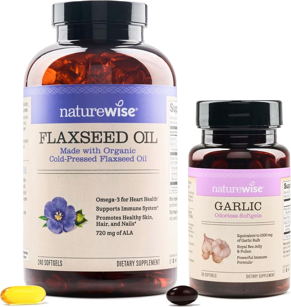 NatureWise Organic Flaxseed Oil Max 720mg ALA | Höchste Potenz Flax Öl Omega 3 Knoblauch Odorless Softgels 1500mg Unterstützung Zähne & Immunsystem Gesundheit