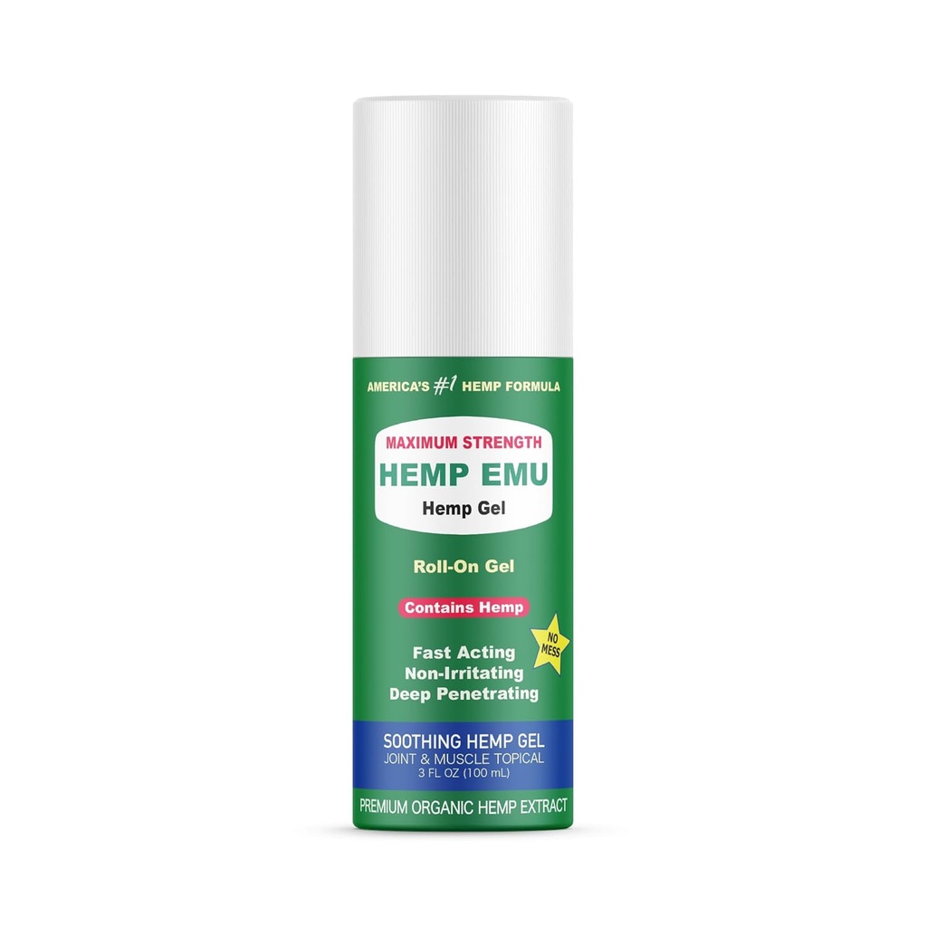 Hanf Emu - Hanfrolle auf Gel - Muscle Rub für Back & Joint Discomfort - Beruhigendes Gel mit Bio Hanföl, Emu Oil, Menthol, Eucalyptus, Aloe Vera