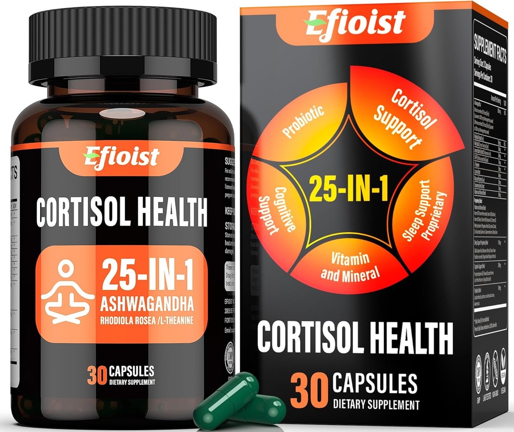 Cortisol Supplement für Damen, 25-in-1 Cortisol Reducer für Damen und Herren, Cortisol Ergänzungen für Männer mit Ashwagandha, Rhodiola Rosea, L-Theanine, für Stimmung, Fokus, Schlafunterstützung, 30 Kapseln