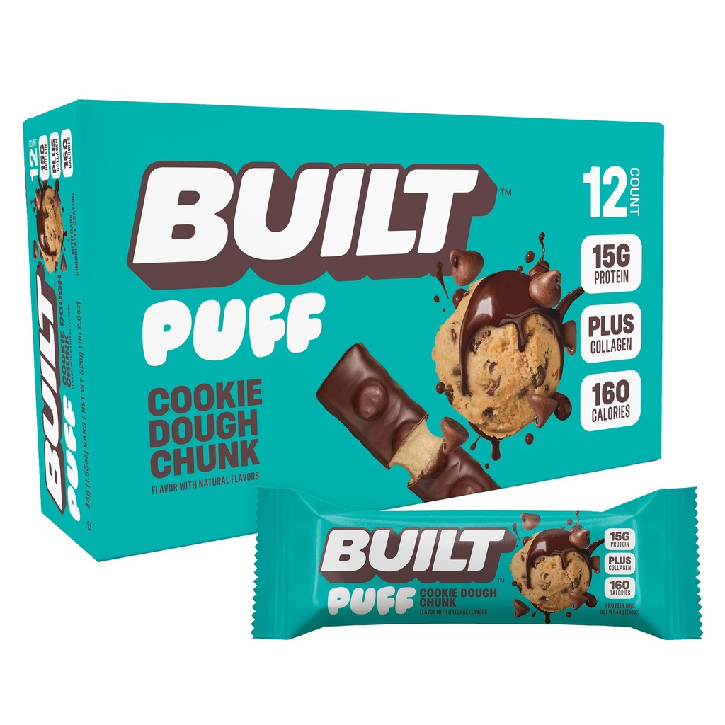 Erbaute Bar, Puff Protein Bars, Cookie Dough Chunk Puff, 15g Protein Snacks, On-The-Go Bars, Nur 160 Kalorien, 8g Zucker, Kollagen, Nicht Glutenfrei, 12 Zähler