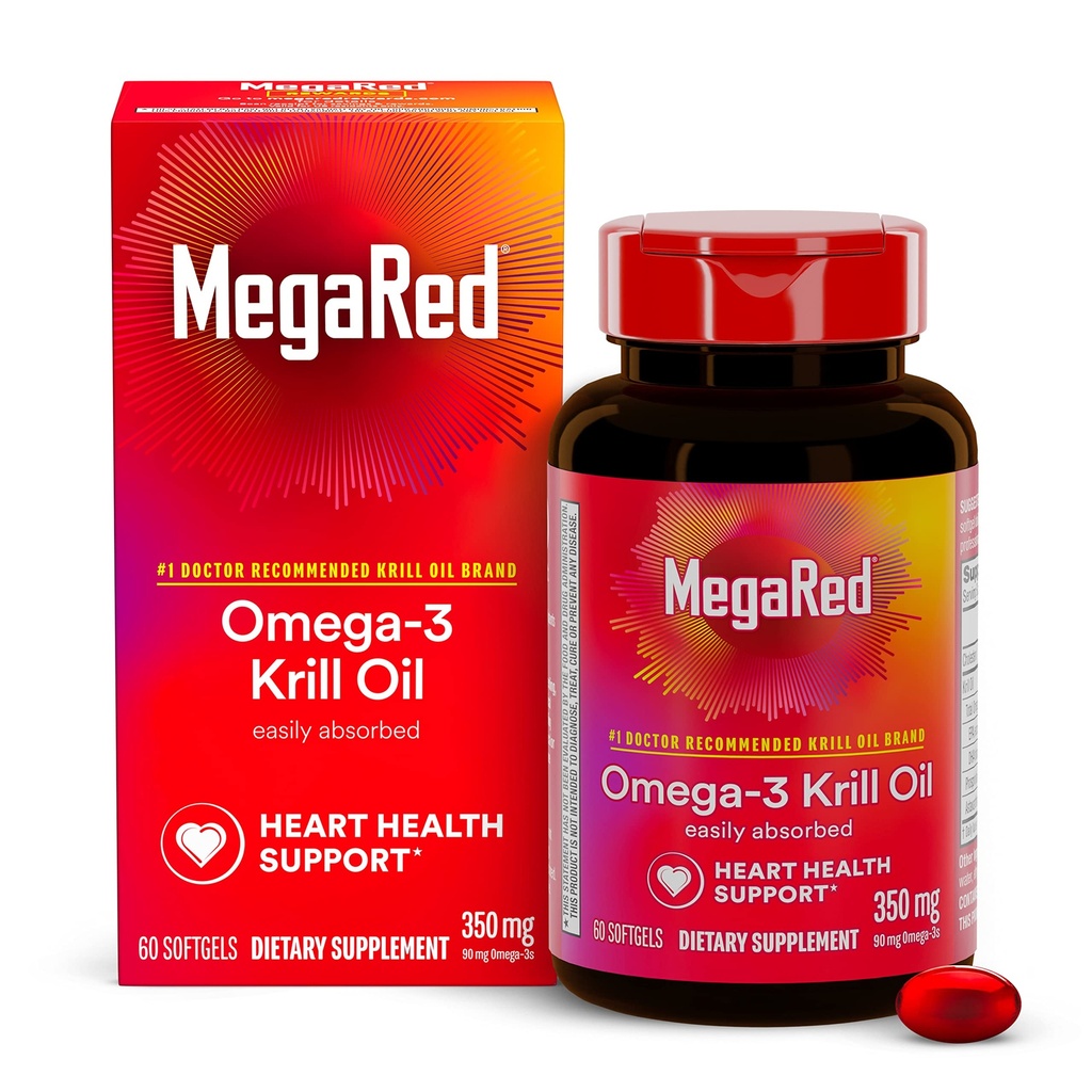 Omega-3 Krill Öl 350mg Softgels, MegaRed (60 Count In A Bottle), EPA & DHA Omega-3 Fettsäuren mit keinen Fisch Nachgeschmack im Gegensatz zu Fischöl, Enthält Antioxidans Astaxanthin