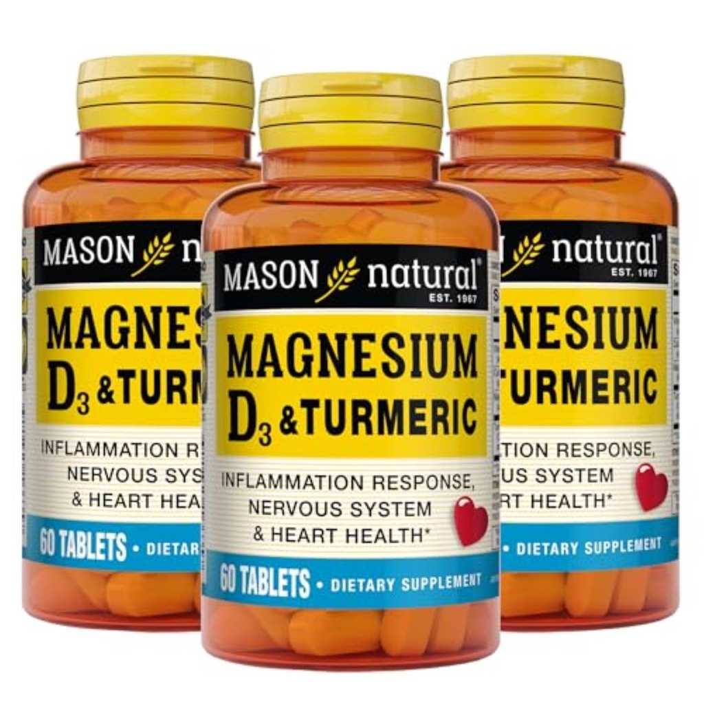 MASON NATURAL Magnesium & Vitamin D3 mit Kurkuma, 180,Day Supply, Nahrungsergänzung für täglichen Wellness-Support, 60 Tabletten (Pack von 3)