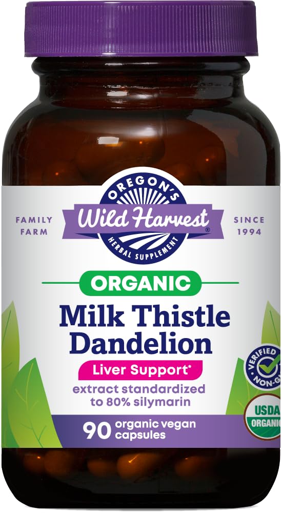 Oregon's Wild Harvest Certified Organic Milk Thistle Dandelion Capsules Liver Support Extract Standardisiert zu 80% Silymarin, 90 Count