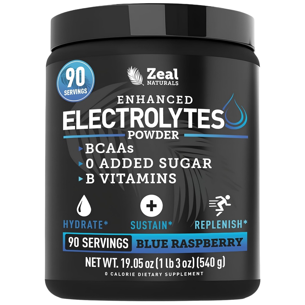 Zeal Naturals Electrolyte Powder Recovery Drink (90 portions) w 0 Sucre + BCAAs + B-Vitamines Supplément Electrolyte w Potassium Zinc & Magnésium pour l'hydratation - Keto Electrolytes