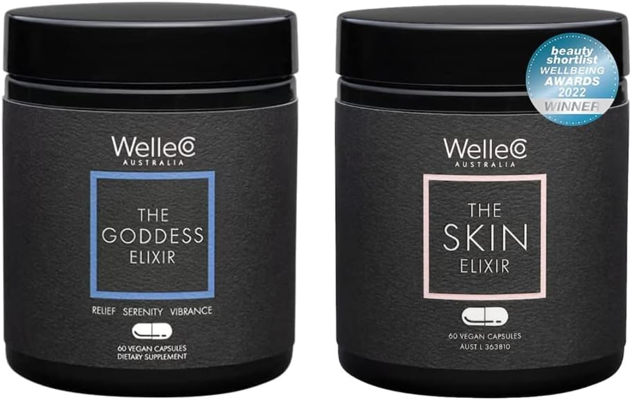 WelleCo Die Göttin Elixir und Haut Elixir Bundle | Menopause Supplement, Hormon Balance, Hilft Nacht Sweats und Hot Flashes | Unterstützt Collagen Formation für Heilung, Firmness & Elastizität