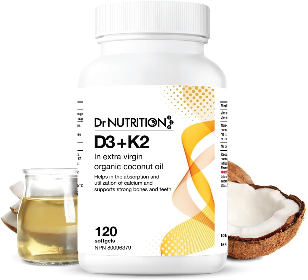 Vitamin D3 + K2 in Bio Kokosöl, Vitamin K2 MK7 + D3 (1000IU), Schnelle Knochen- und Herzgesundheitsformel, hilft, Calcium zu absorbieren und zu verwenden, unterstützt Immunität, verbessert Stimmung - 120 Softgels