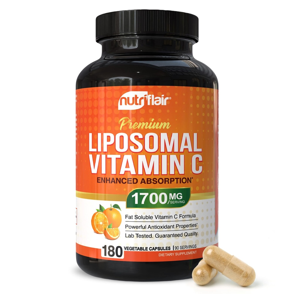 NutriFlair Liposomal Vitamin C 1700mg, 180 Kapseln - Hohe Absorption, Fett lösliche VIT C, Höhere Bioverfügbarkeit Immunsystem Unterstützung & Collagen Booster, Non-GMO, Vegan Pillen