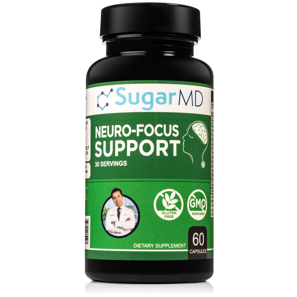 SugarMD Neuro-Focus Support - Gehirngesundheitsergänzungsmittel für Gedächtnis - Fokus und Klarheit Formel von Bacopa, Ginkgo, & Bioperine für kognitive Unterstützung - Non-GMO und Gluten-Free - 60 Kapseln